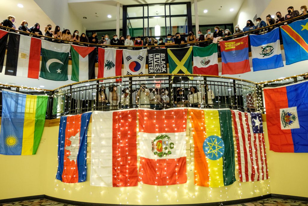 Hicks Student Center decorated with international flags