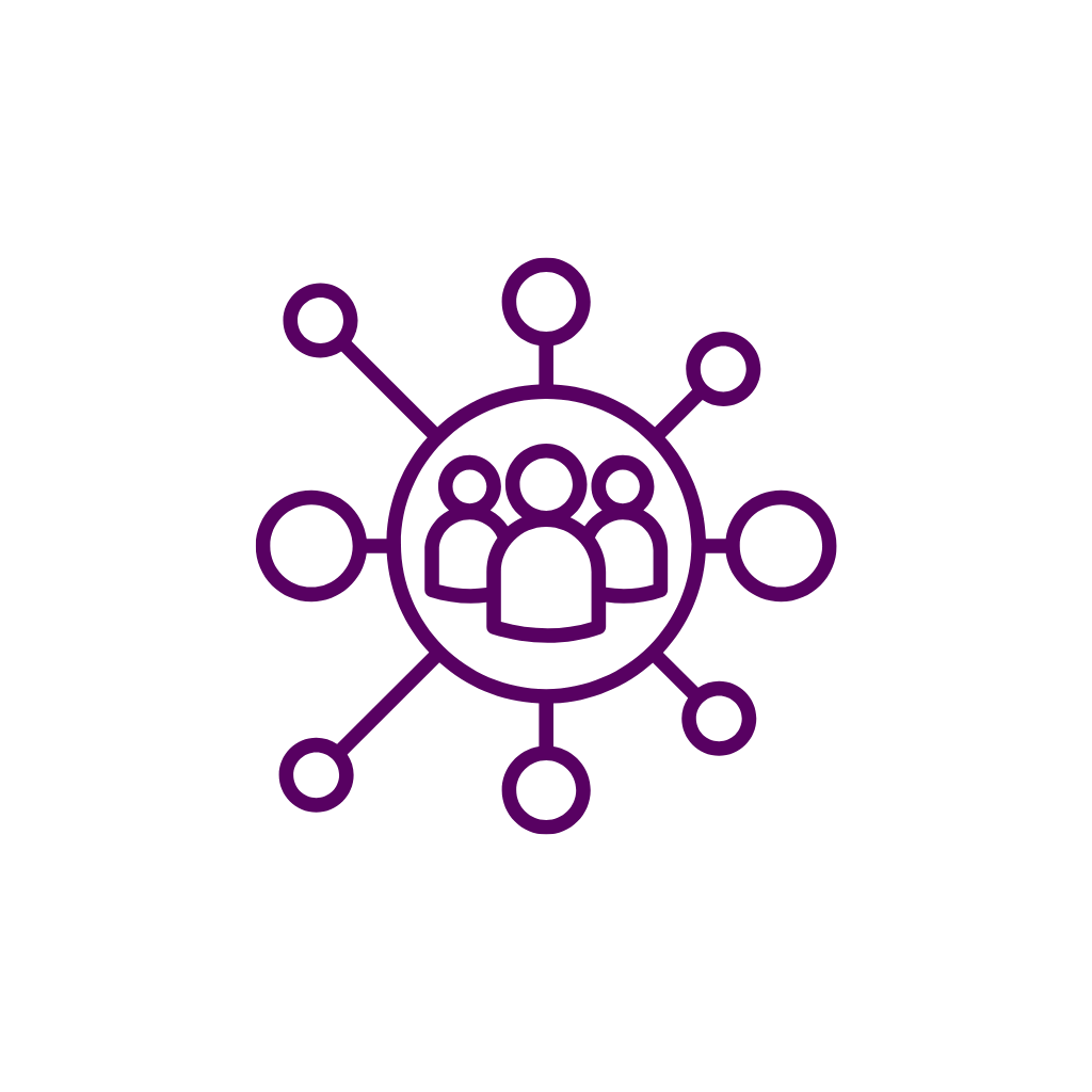 Illustration of a central group of people connected by lines to surrounding nodes, representing a network or community connections.