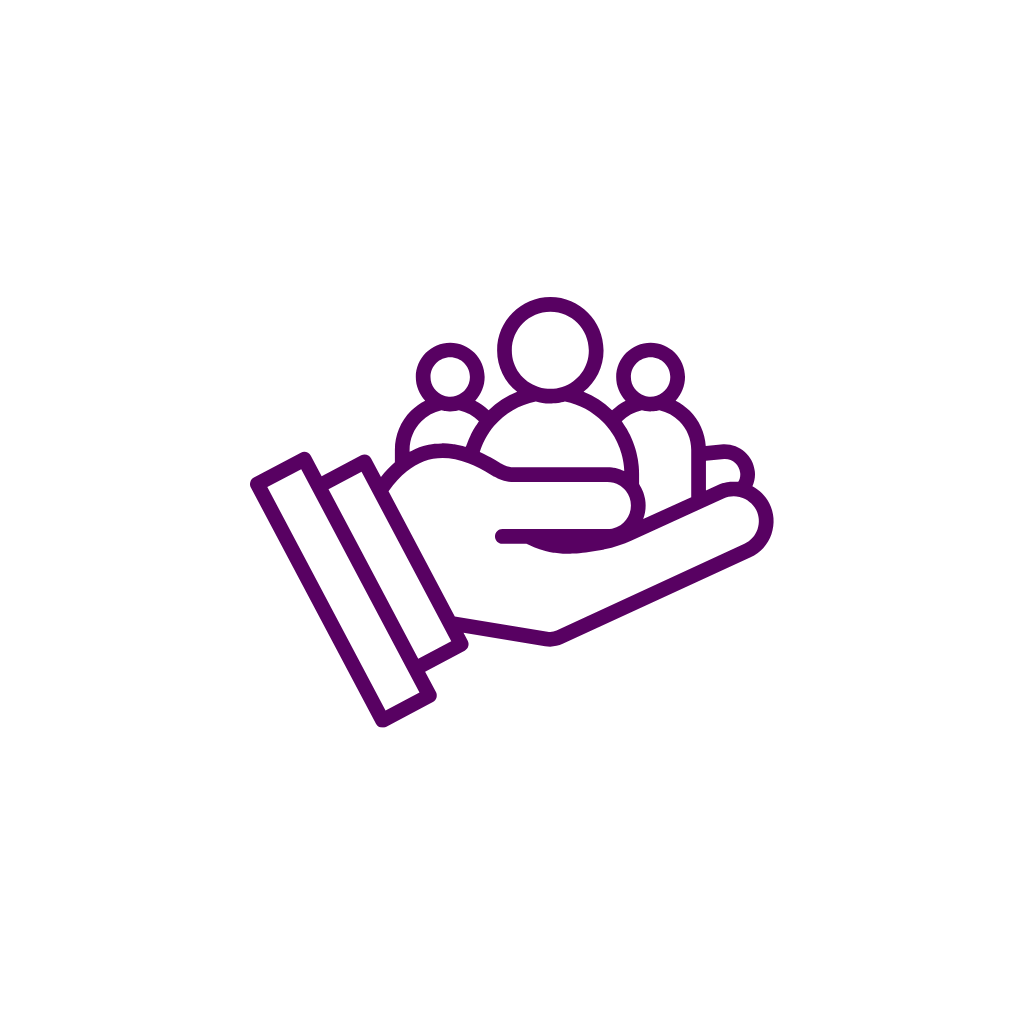 Illustration of a hand gently holding a group of stylized people, symbolizing care, support, or community.