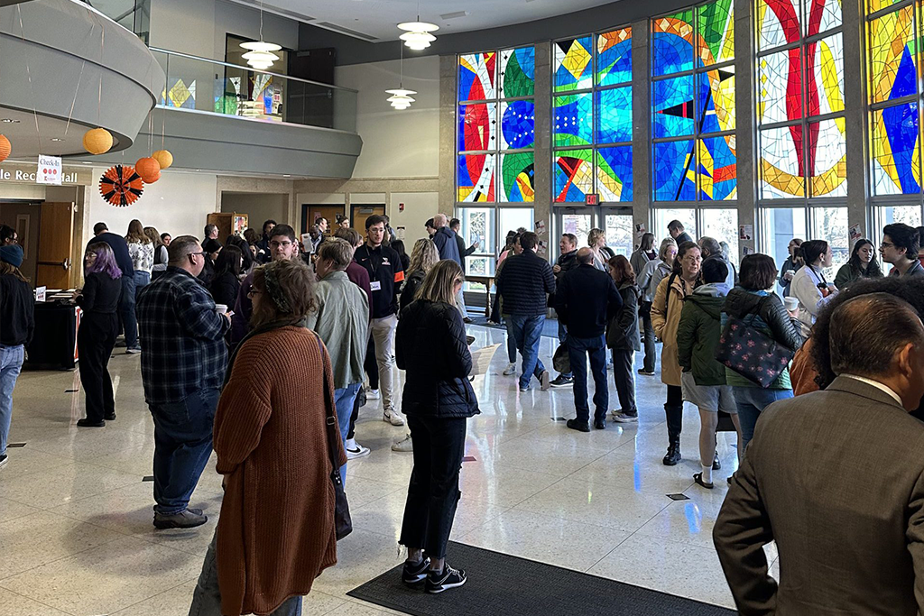 Visit day crowd in the lobby of Light Fine Arts